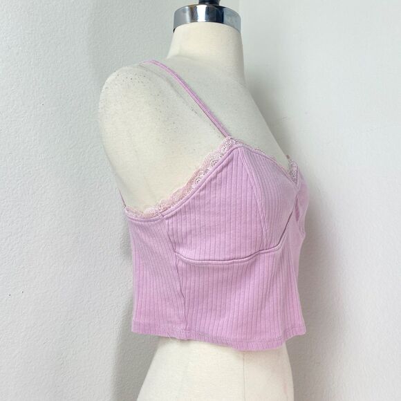 Pac Cares Pink Crop Baby Doll Halter Top Medium Ribbed Knit Lace Boho Fairy Goth - Picture 7 of 9